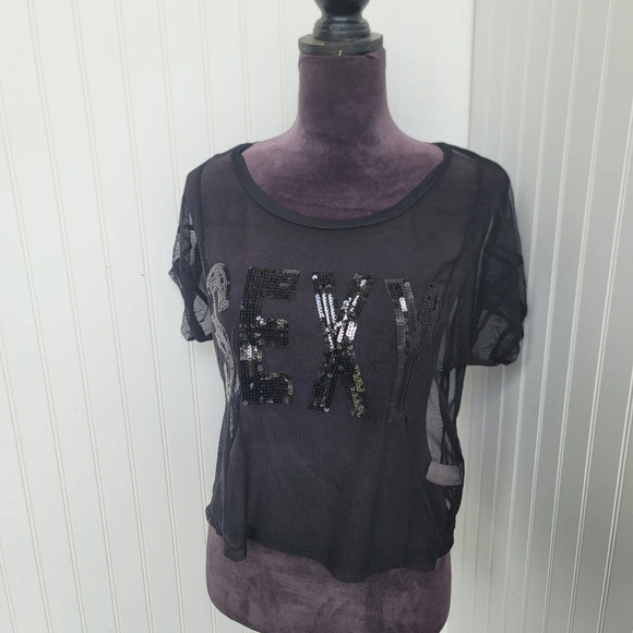 SANS SOUCI Sexy SEQUIN Black Net PARTY COCKTAIL WOMEN'S Sheer Cropped Top Sz S - Picture 4 of 12